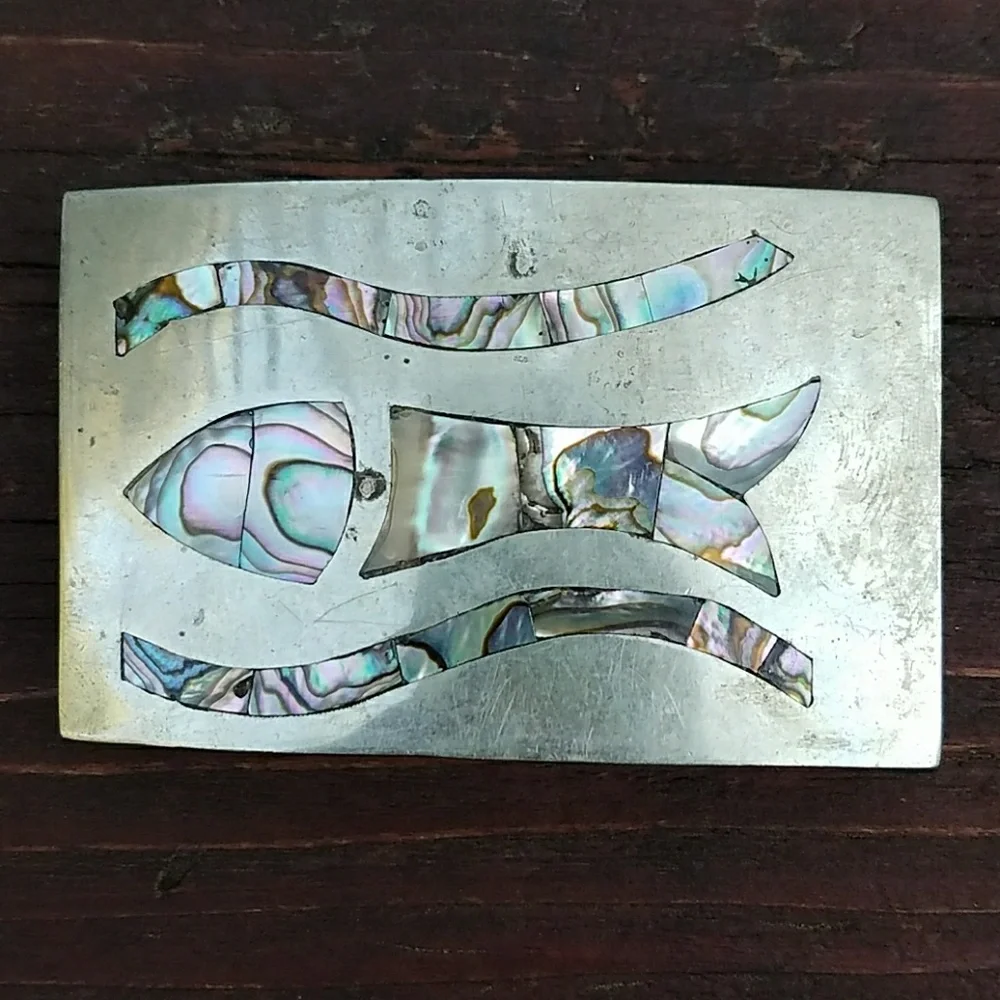 Vintage Silver Belt Buckle W/ Fish & Design